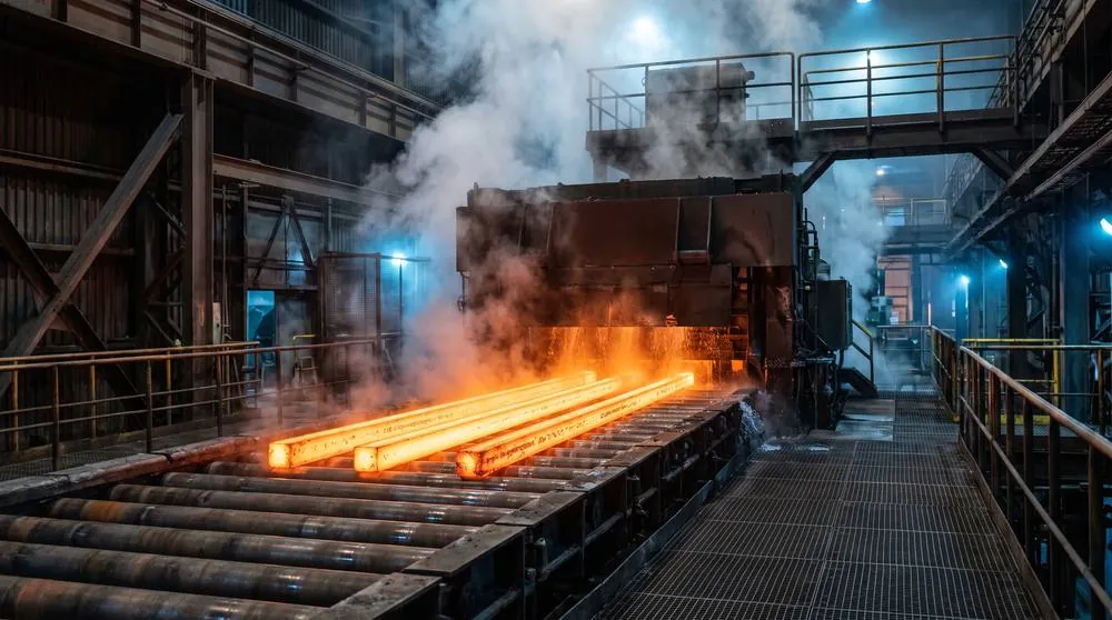 Continuous casting machine with glowing billet strands on the run-out table