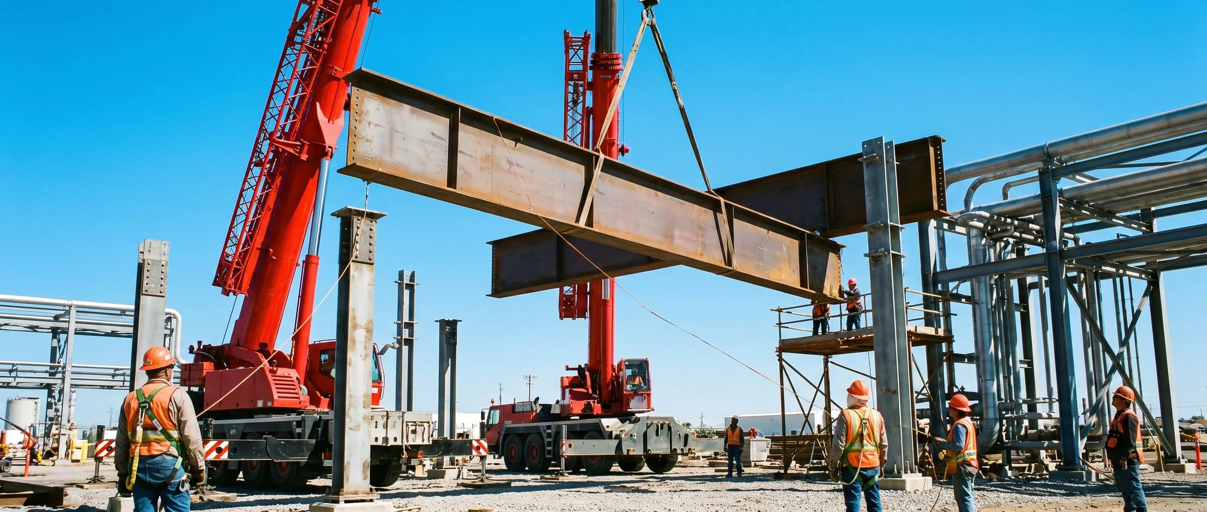 Crane lifting a fabricated steel girder into place on site