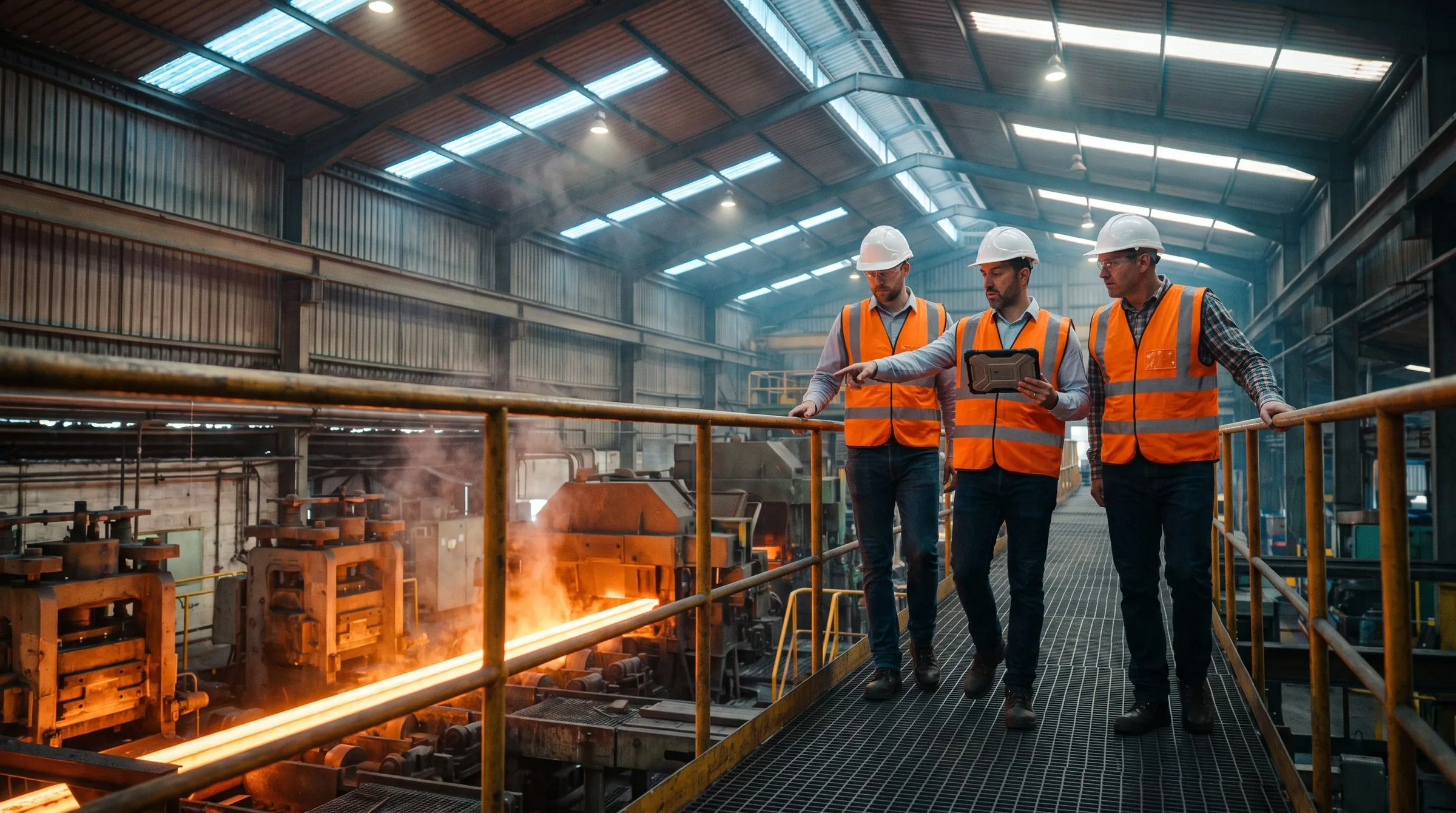 Engineering services team on a walkway above the rolling mill