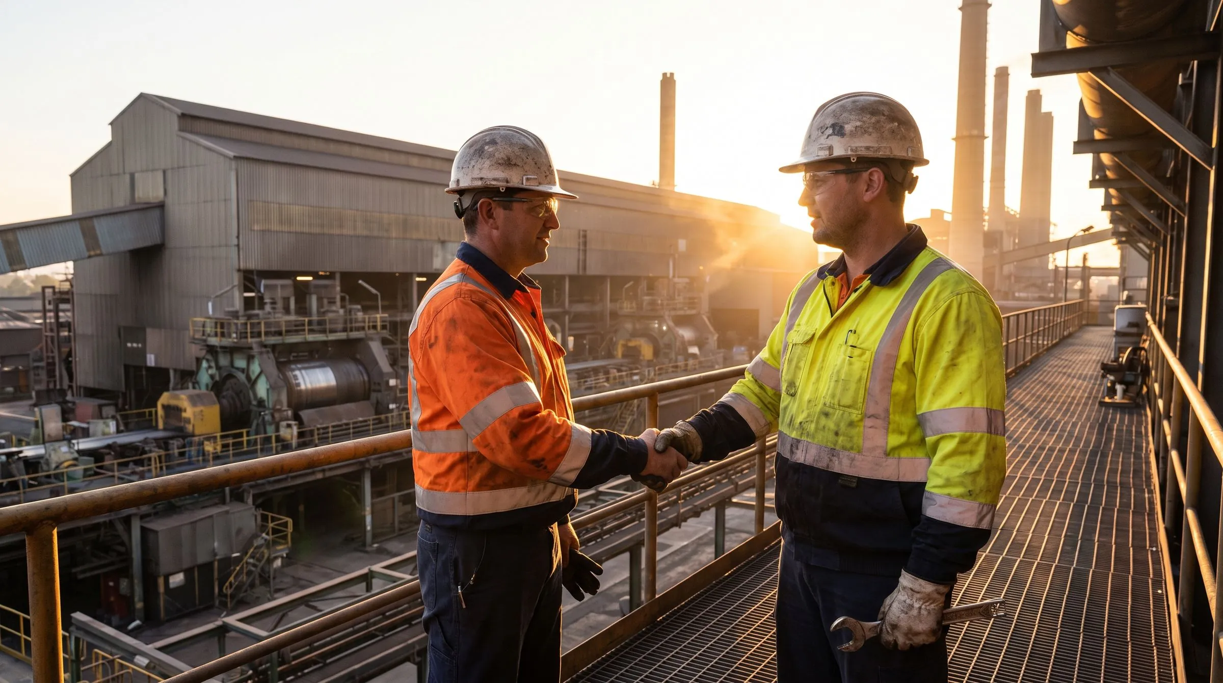 Engineers shaking hands on a plant gantry at golden hour