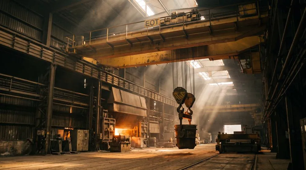 EOT overhead travelling crane spanning a steel plant bay