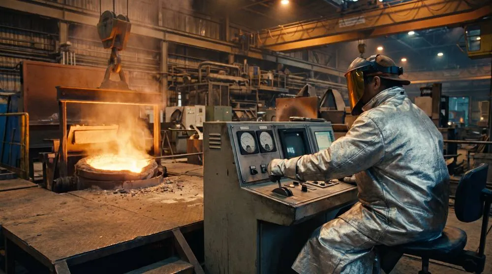 Furnace operator in a heat suit at the control pulpit