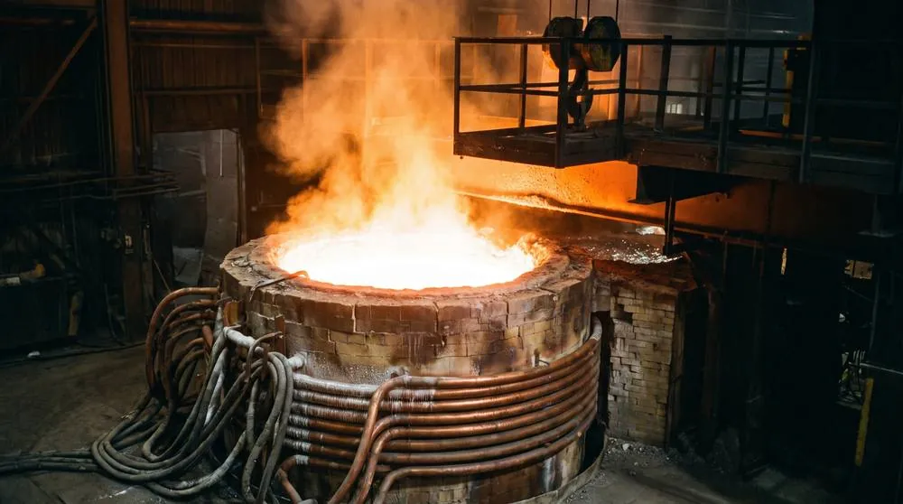 Induction furnace crucible glowing white-hot in a steel melting shop