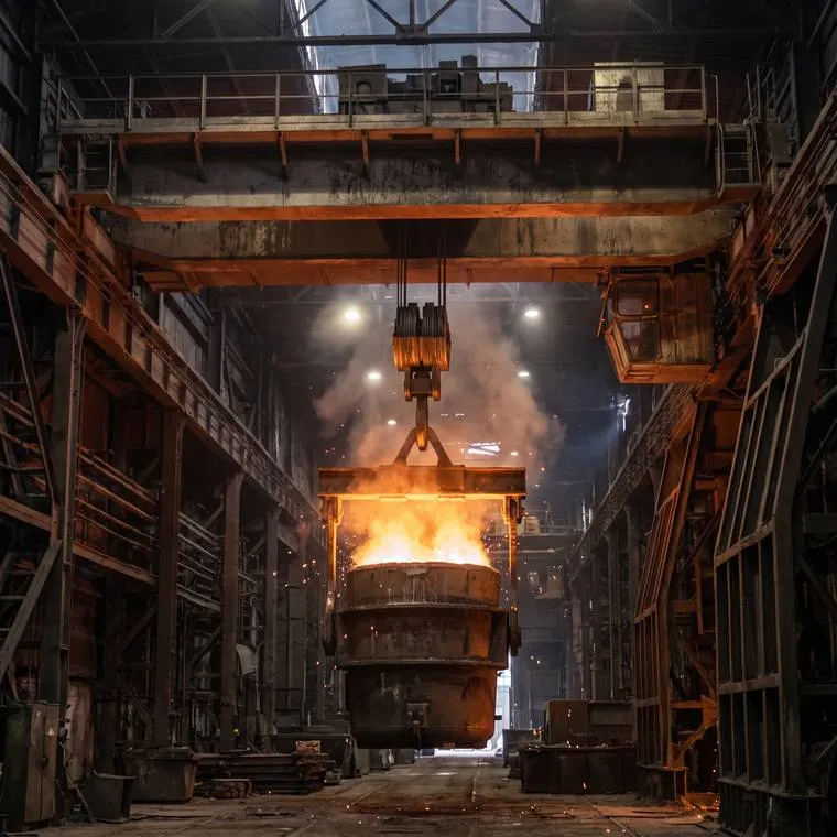 Ladle crane carrying molten steel