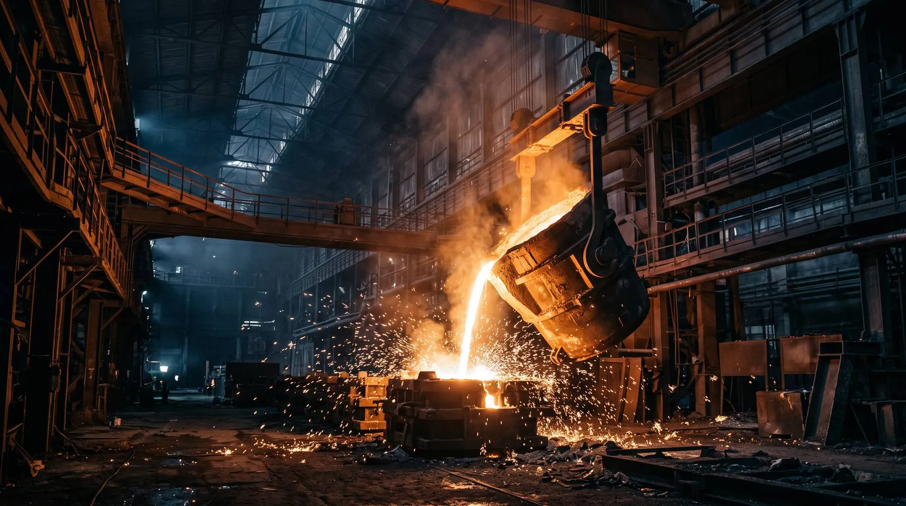 Molten steel pouring from a ladle in a steel melting shop