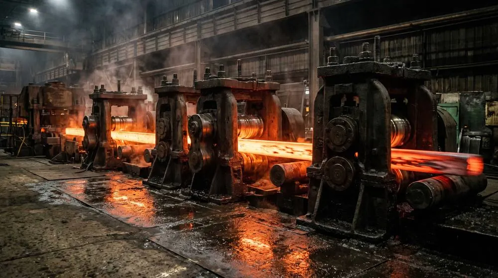Red-hot billet running through rolling mill stands