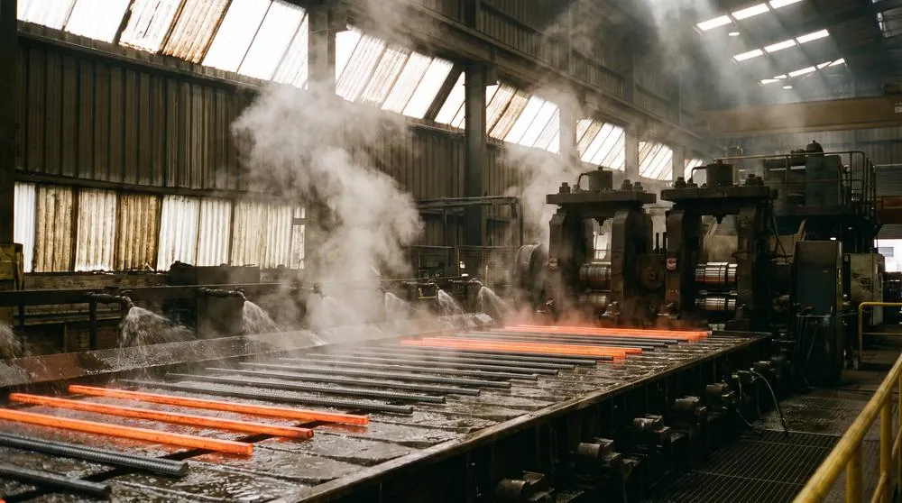 Rolling mill cooling bed with freshly rolled rebar