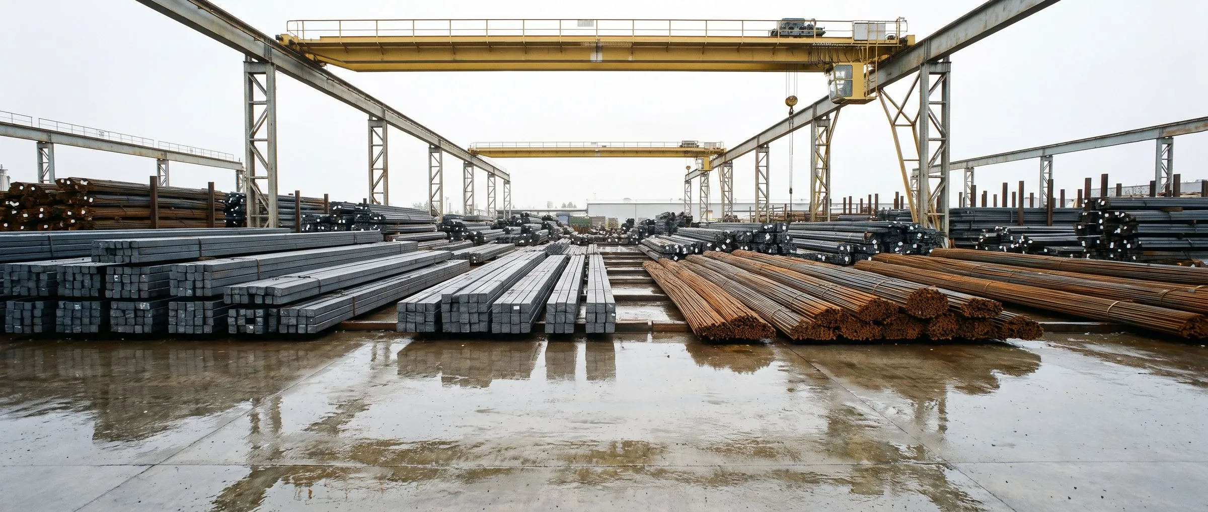Stacked steel billets and bundled rebar in a stockyard