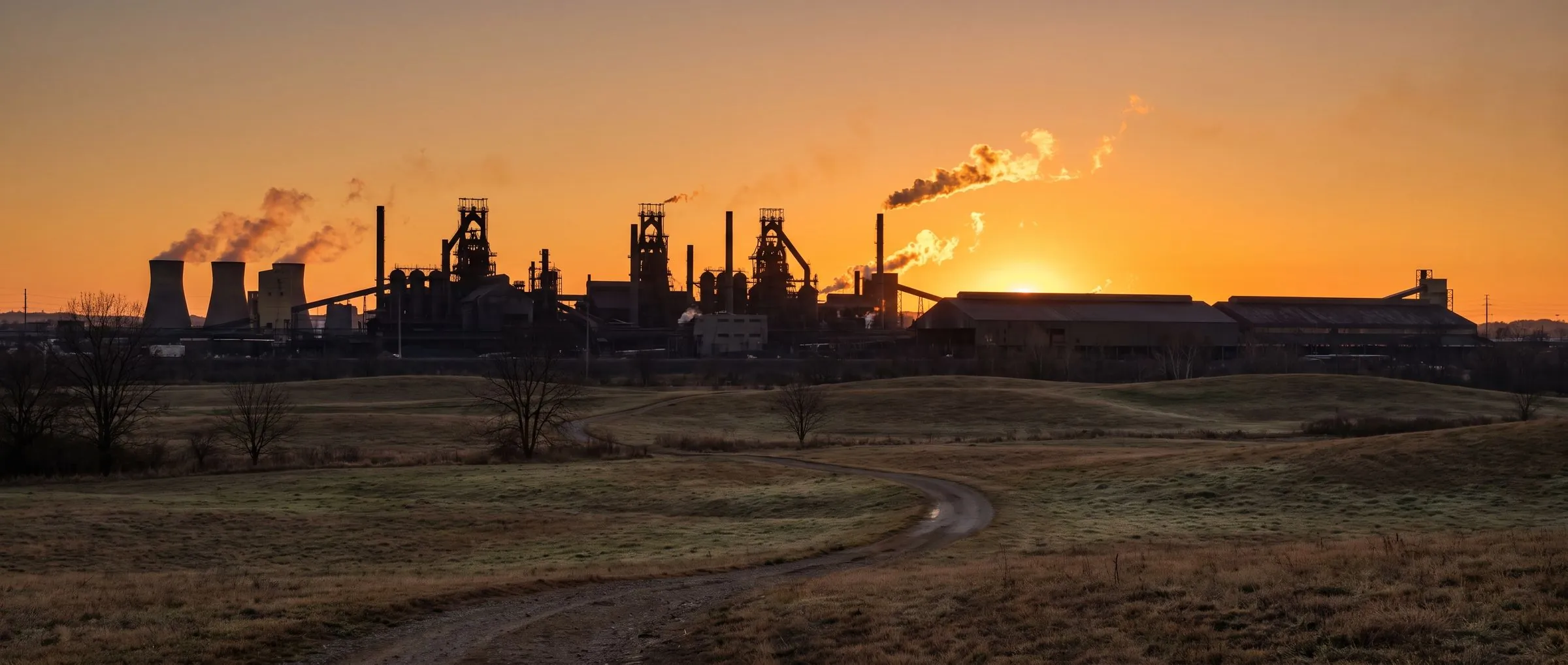 Sunrise over a steel plant landscape