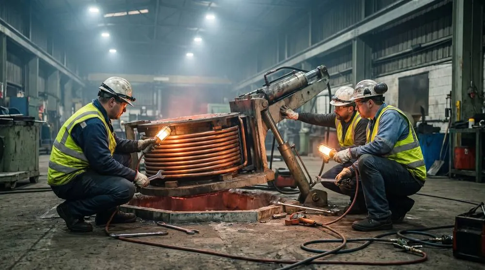 Technicians servicing an induction furnace during a shutdown
